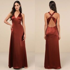 LULU’S PURELY ELEGANT SATIN TWIST BACK MAXI DRESS